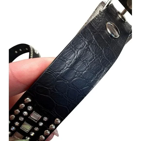 Western Rhinestone Crystal Belt Black Genuine Leather Croc Embossed Studded SM - Picture 6 of 15